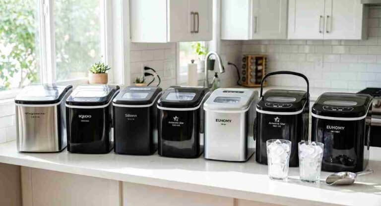 Seven best compact ice makers for small kitchens on white counter including Frigidaire Igloo Silonn Antarctic Star and EUHOMY