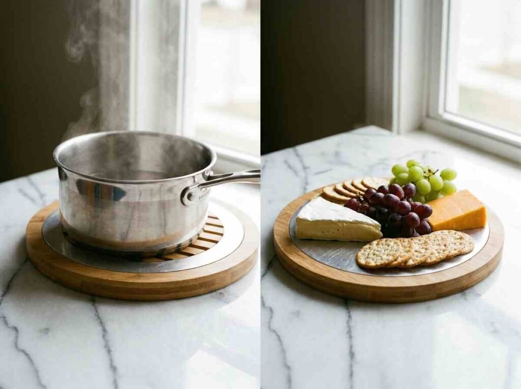 Convertible heat platform shown as trivet under hot pot on one side and as serving board with cheese on the other side