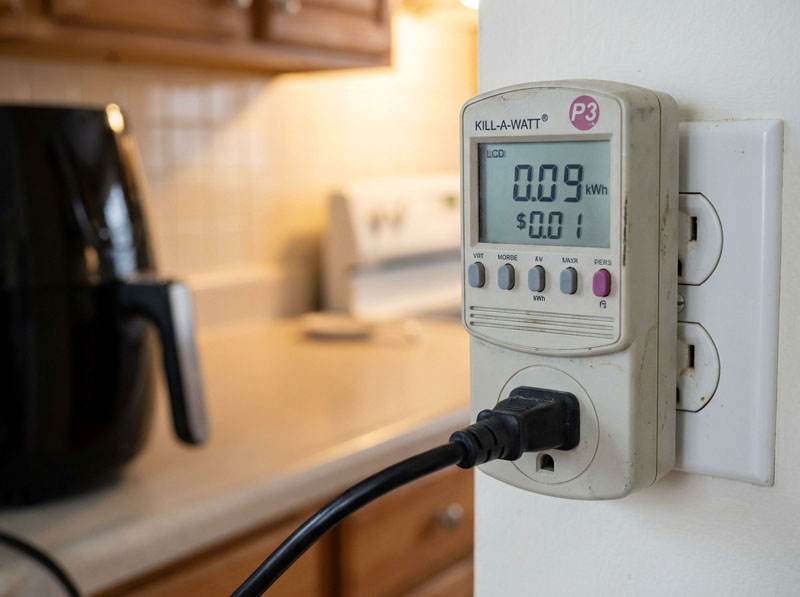 Digital electricity meter display showing air fryer uses 0.09 kilowatt-hours costing 1 cent per batch of fries