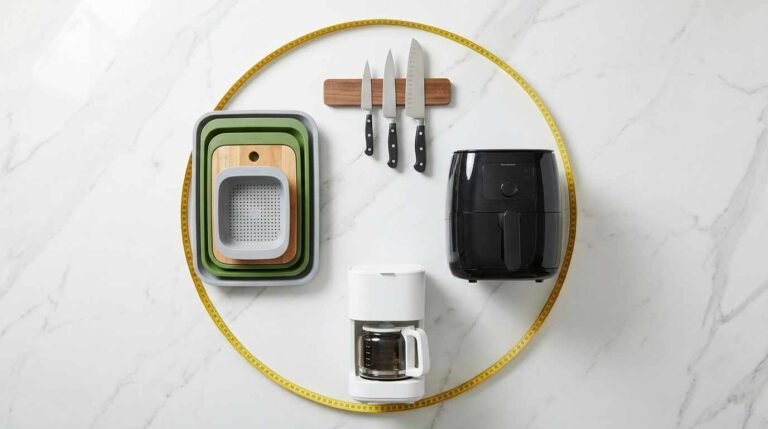 Kitchen product design small spaces example showing modular nesting prep system, magnetic knife strip, and compact appliances on white counter with measuring tape