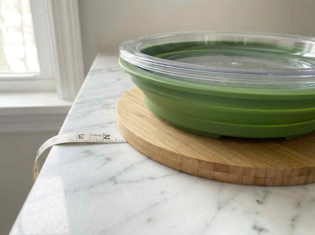 Stackable modular prep system with nesting cutting board, colander, and tray measuring 3 inches tall on white counter