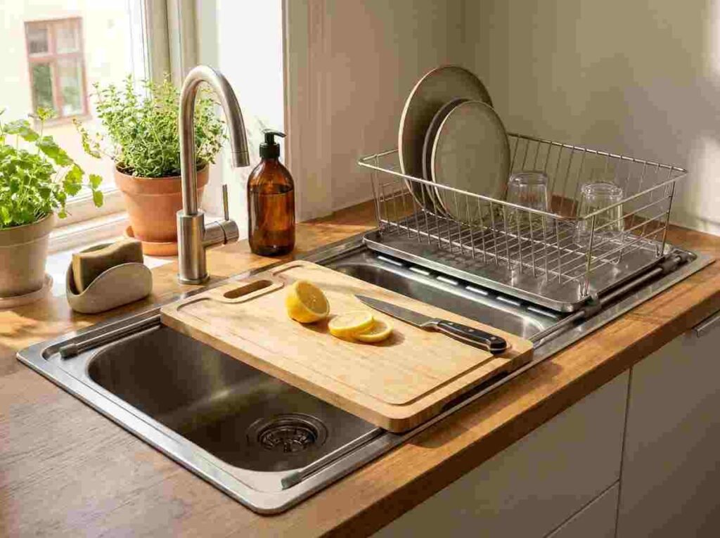 Rail-based sink workstation with slide-and-lock cutting board spanning over stainless steel kitchen sink