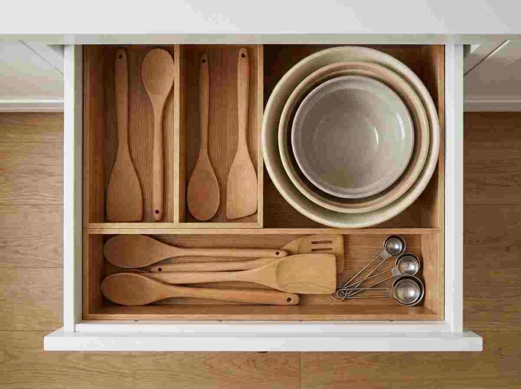 Two-depth drawer insert with shallow front section holding utensils and deeper back section holding mixing bowls
