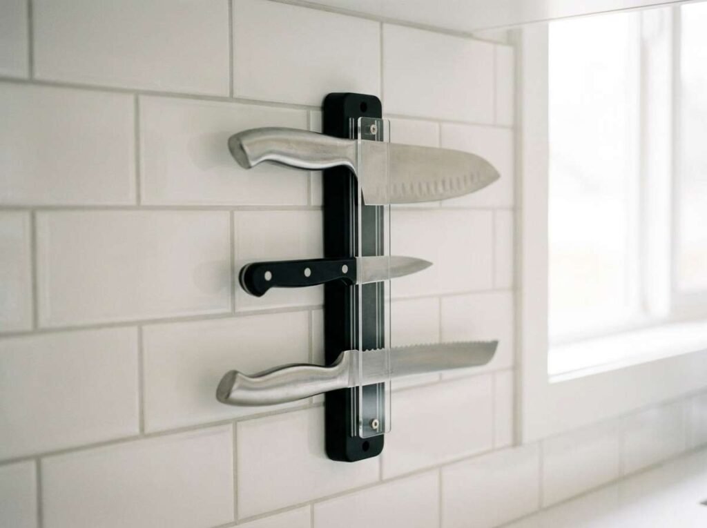 Vertical magnetic knife strip with ABS shield mounted on white tile backsplash holding chef knife, paring knife, and bread knife