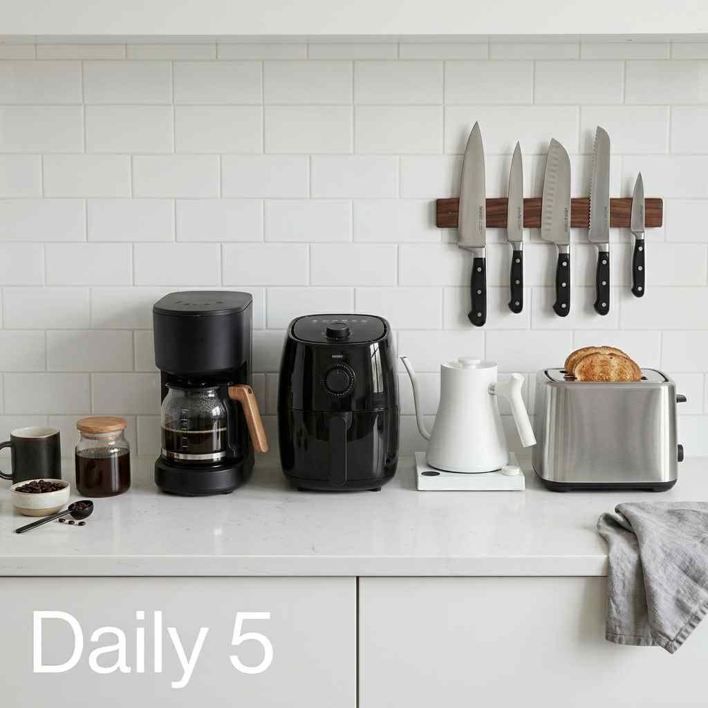 Five essential counter appliances: coffee maker, air fryer, kettle, toaster, magnetic knife strip
