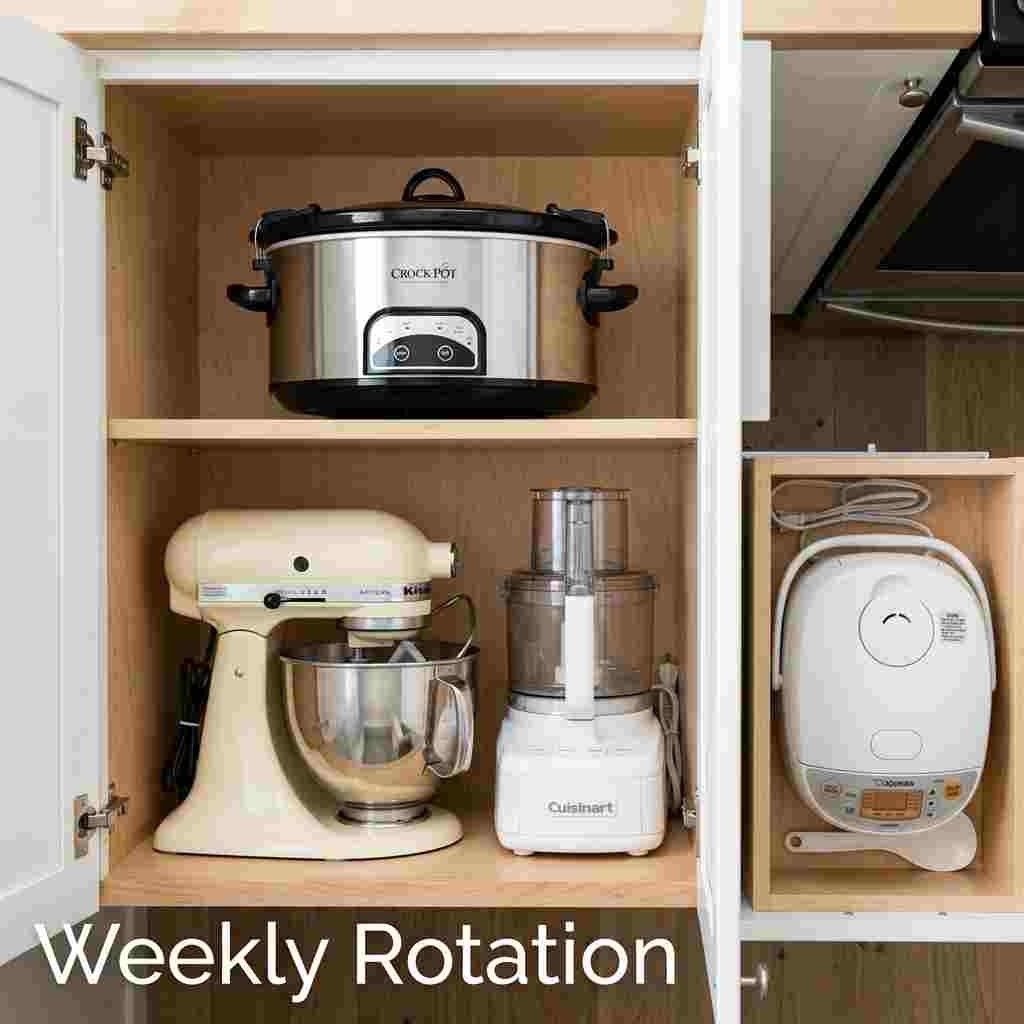 Open cabinet with stand mixer, food processor, slow cooker, and rice cooker organized by shelf
