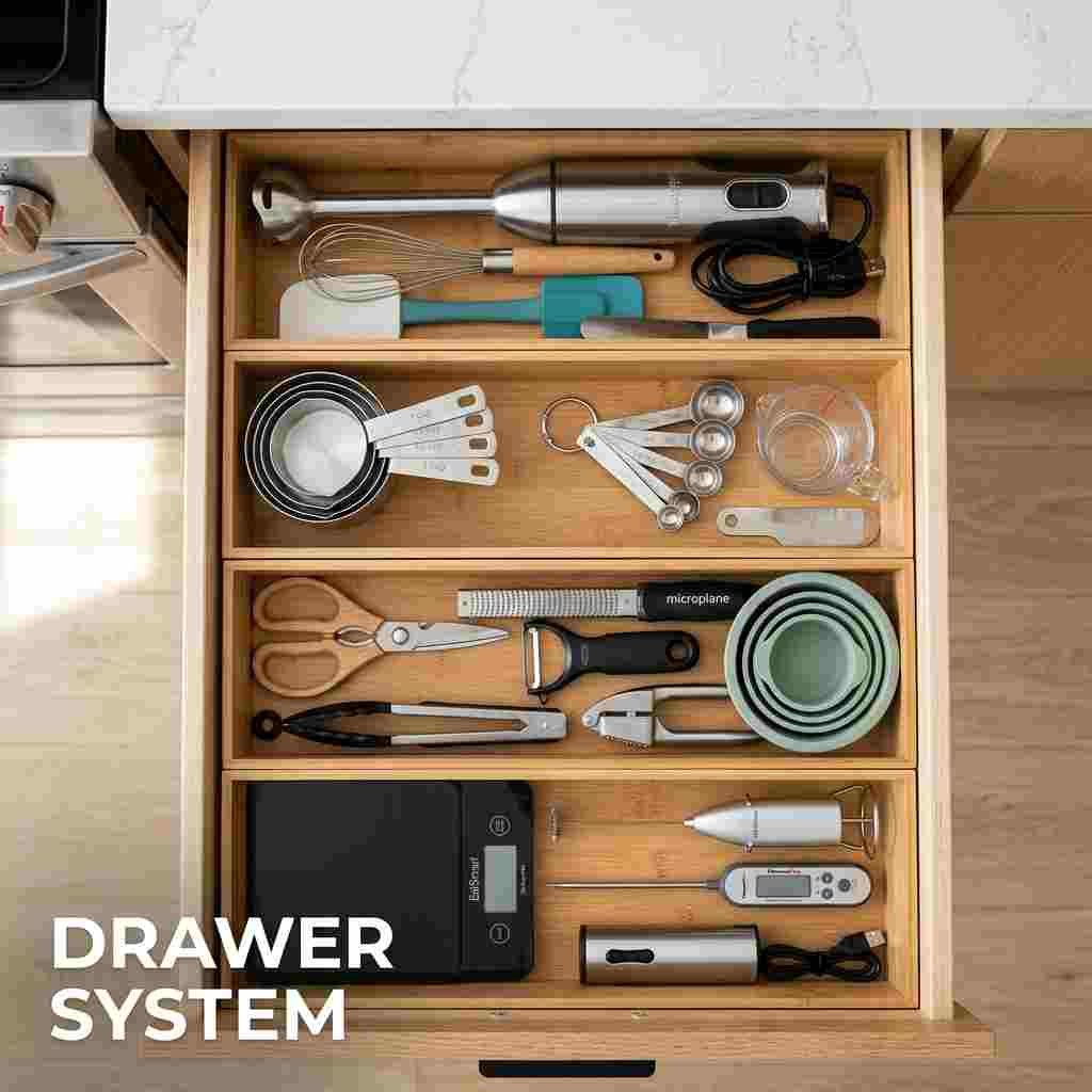 Organized kitchen drawer with bamboo dividers separating blending, measuring, prep, and electronic tools