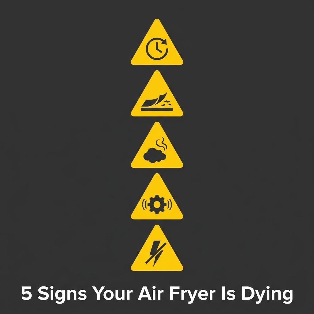Five warning signs your air fryer is dying including longer cook time, peeling coating, constant smoke, unusual noise, and tripping breaker