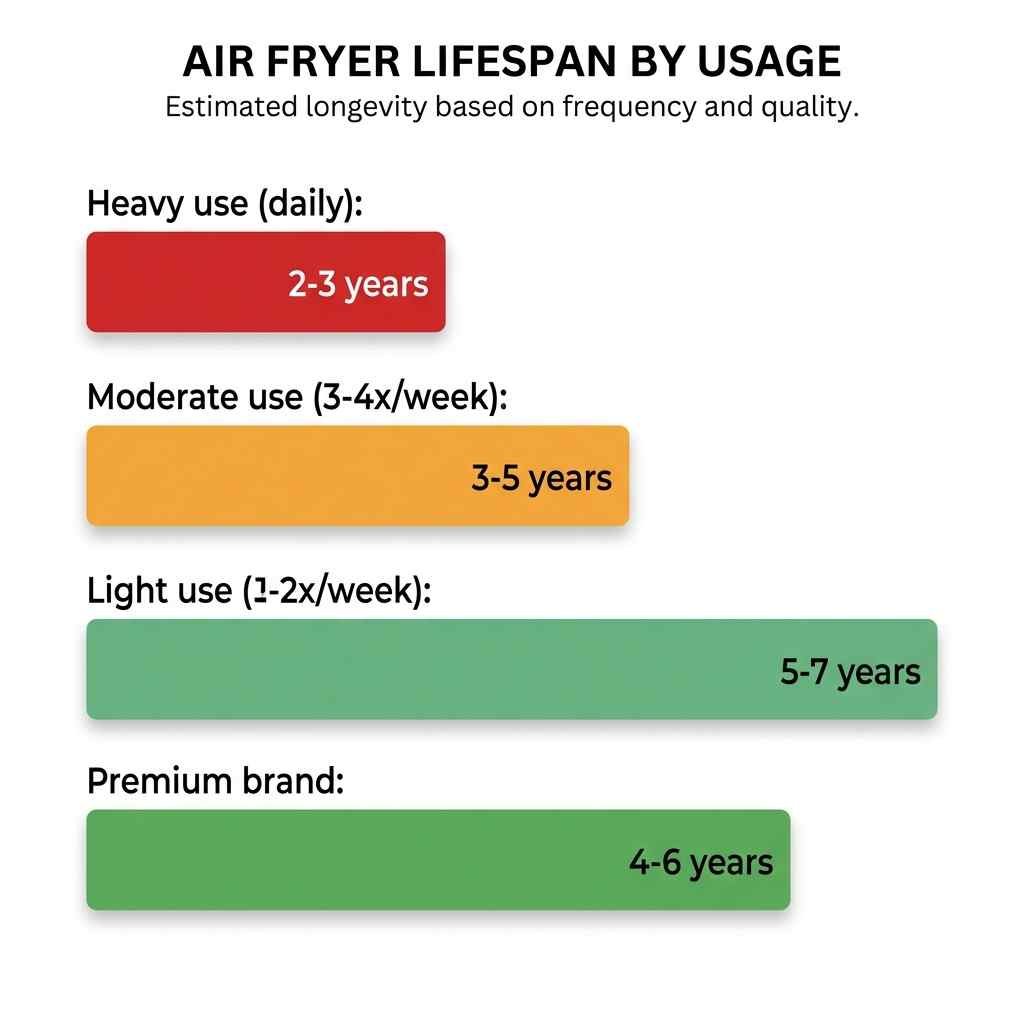 Bar chart showing air fryer lifespan: heavy use 2-3 years, moderate use 3-5 years, light use 5-7 years, premium brands 4-6 years