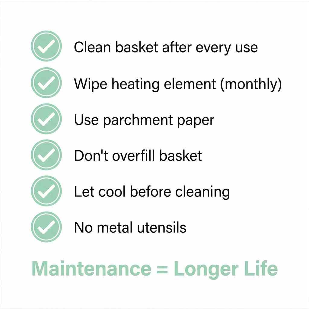 Maintenance checklist for air fryer longevity including cleaning basket, wiping heating element, using parchment paper, not overfilling, cooling before cleaning, avoiding metal utensils