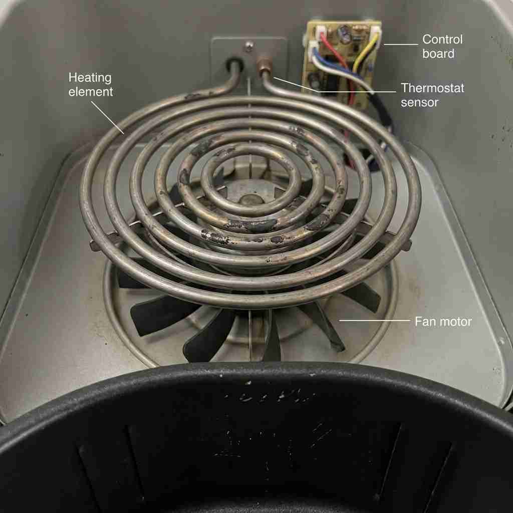 Labeled diagram of air fryer interior showing heating element, fan motor, thermostat sensor, and control board