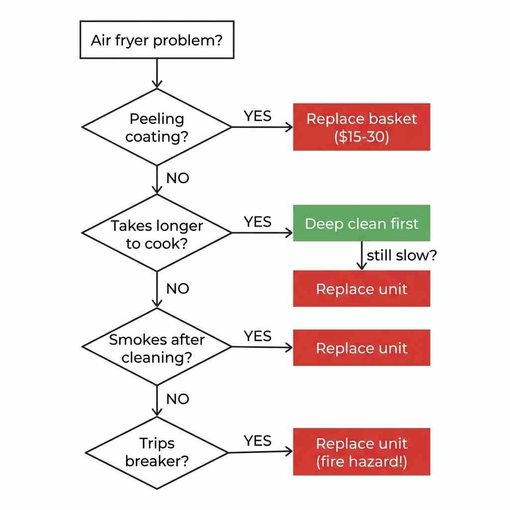 Decision flowchart for when to replace vs keep an air fryer: replace if coating peels, smoking after cleaning, or tripping breaker