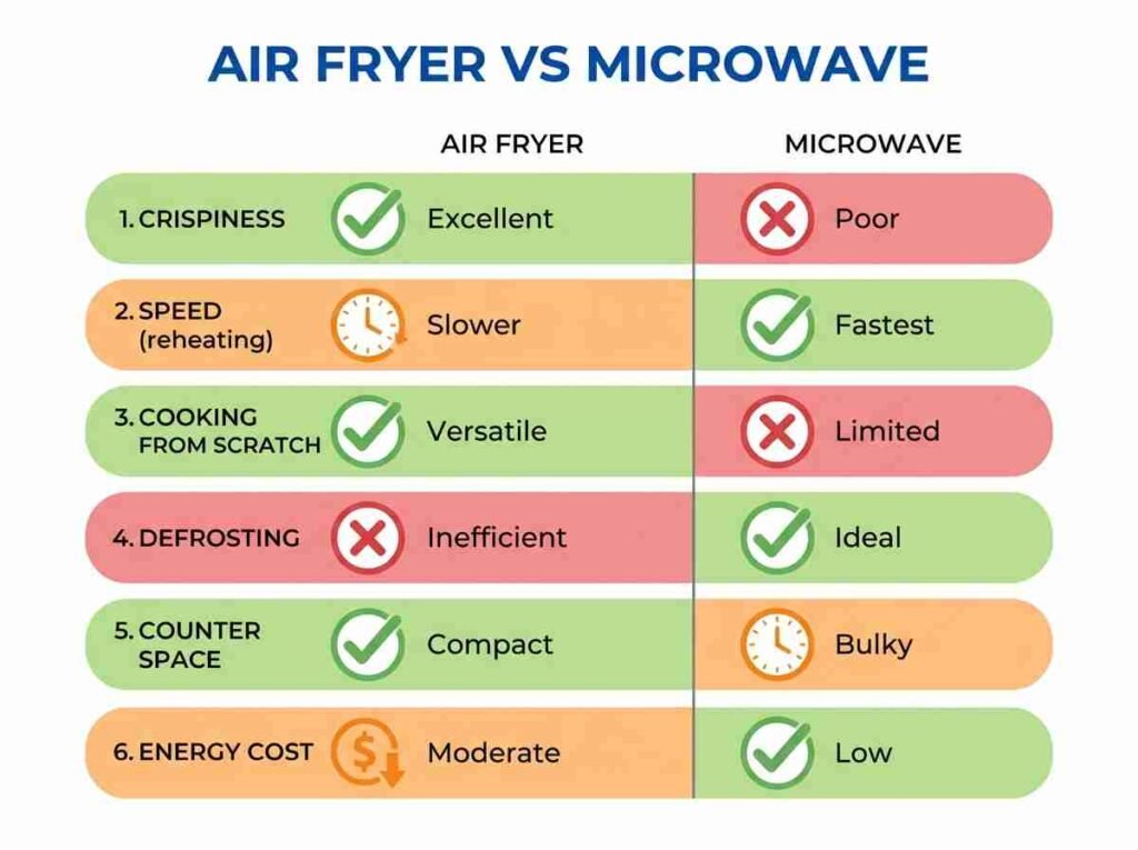 Comparison chart showing air fryer wins for crispiness and cooking from scratch, microwave wins for speed, defrosting, and energy cost