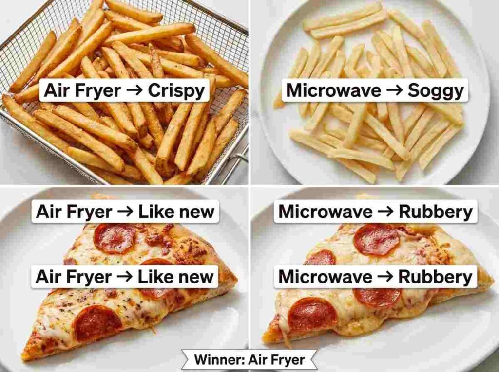 Side by side comparison showing air fryer makes crispy fries and pizza like new, while microwave makes them soggy and rubbery