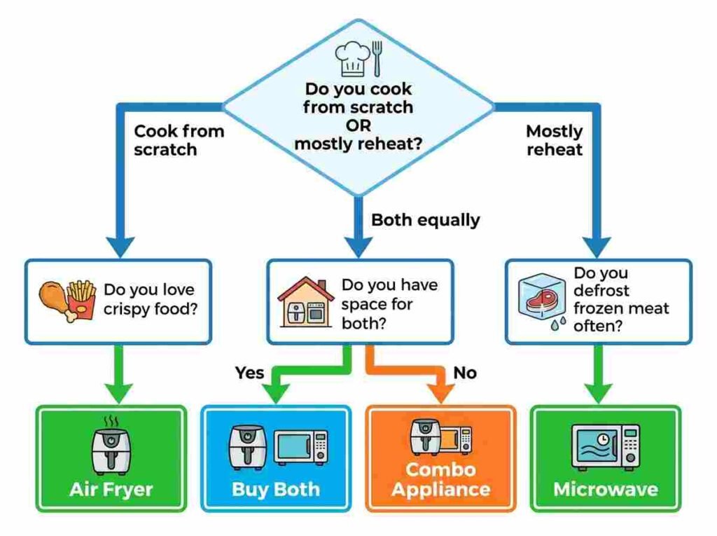 Decision flowchart helping readers choose between air fryer and microwave based on cooking from scratch vs reheating, crispy food preference, defrosting needs, and counter space