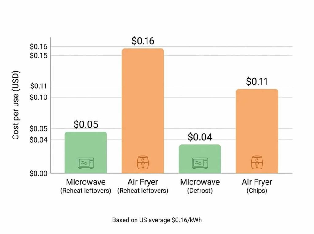Bar chart showing microwave costs 4-5 cents per use while air fryer costs 11-16 cents per use for typical tasks