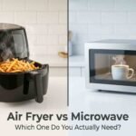 Air fryer vs microwave comparison: air fryer with crispy fries on left, microwave with steaming coffee on right