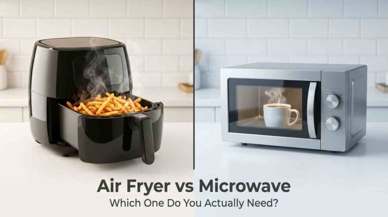 Air fryer vs microwave comparison: air fryer with crispy fries on left, microwave with steaming coffee on right