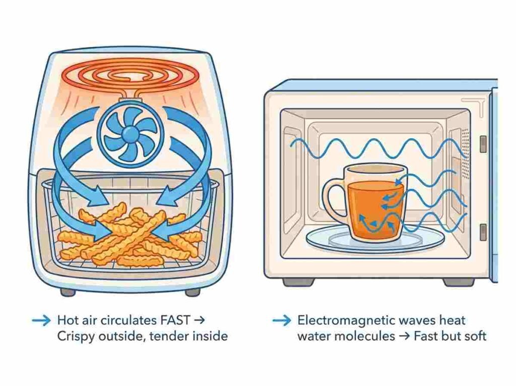 Diagram showing how air fryer circulates hot air for crispy food and how microwave uses electromagnetic waves to heat water molecules quickly