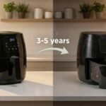 How long does an air fryer last comparison chart showing new air fryer on left and worn 3-year-old air fryer on right