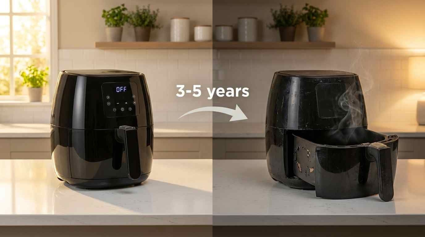 How long does an air fryer last comparison chart showing new air fryer on left and worn 3-year-old air fryer on right