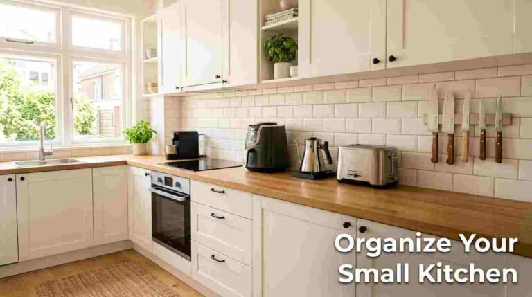 Organize a small kitchen with smart appliances: clean white kitchen counter with only 5 essential appliances arranged neatly