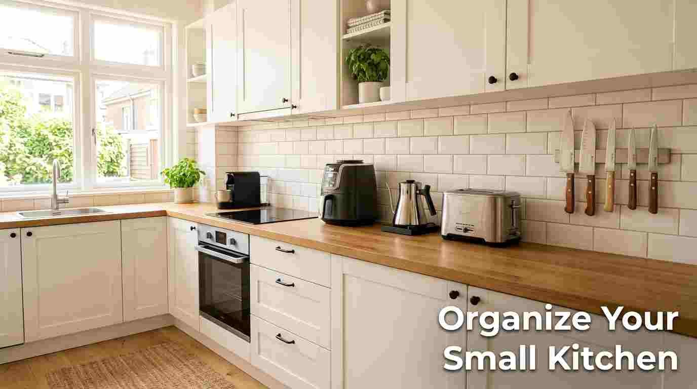 Organize a small kitchen with smart appliances: clean white kitchen counter with only 5 essential appliances arranged neatly