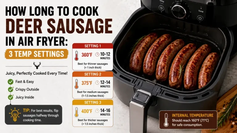 Deer sausage cooking in an air fryer basket, golden brown and ready to serve