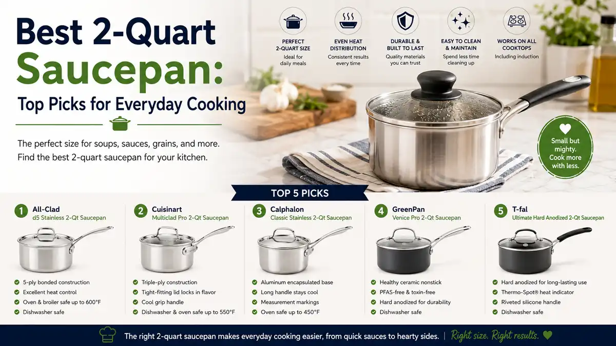Best 2-quart saucepan for everyday cooking, shown with simmering sauce and steam rising