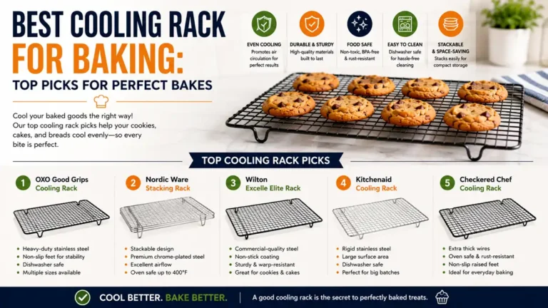 Best cooling rack for baking, shown with freshly baked cookies cooling on a sturdy metal rack over a kitchen counter