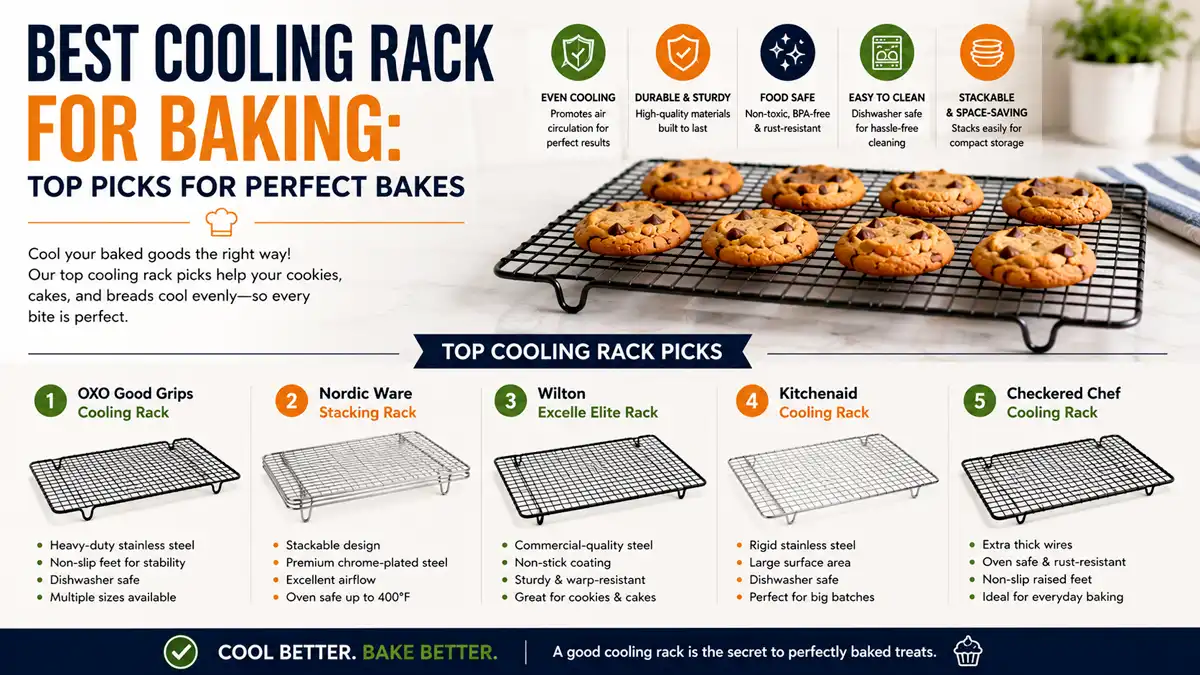 Best cooling rack for baking, shown with freshly baked cookies cooling on a sturdy metal rack over a kitchen counter