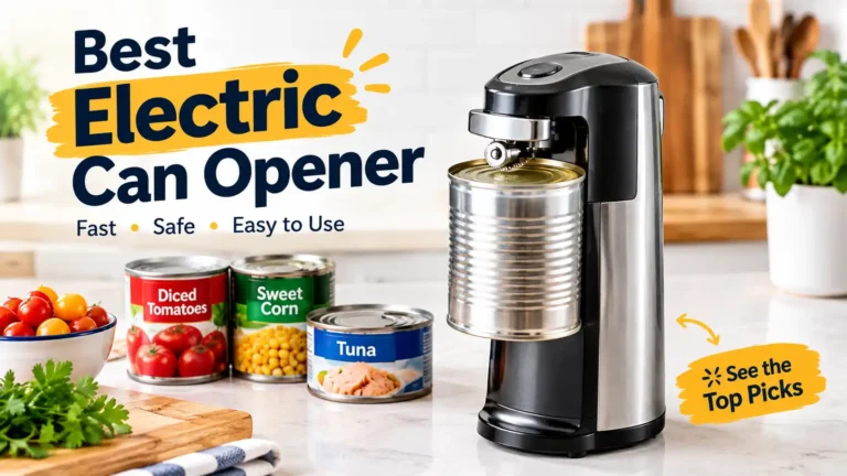 Electric can opener displayed on a kitchen countertop, opening a can of diced tomatoes.