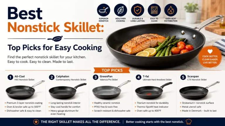 Best nonstick skillet for easy cooking and cleanup, shown with eggs sliding off the pan