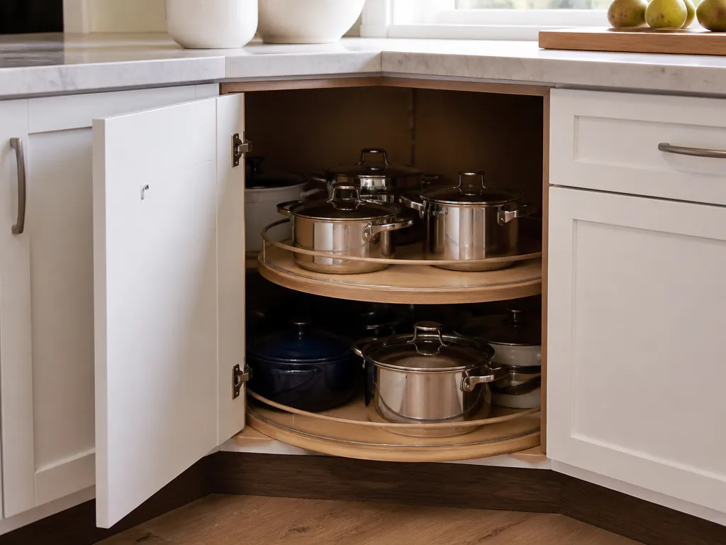 Choose Between a Lazy Susan, Blind Corner Pull-Out, and Carousel - how to maximize kitchen corner storage