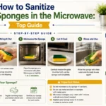 How to sanitize kitchen sponges in the microwave: a wet sponge in a microwave-safe bowl inside a microwave.
