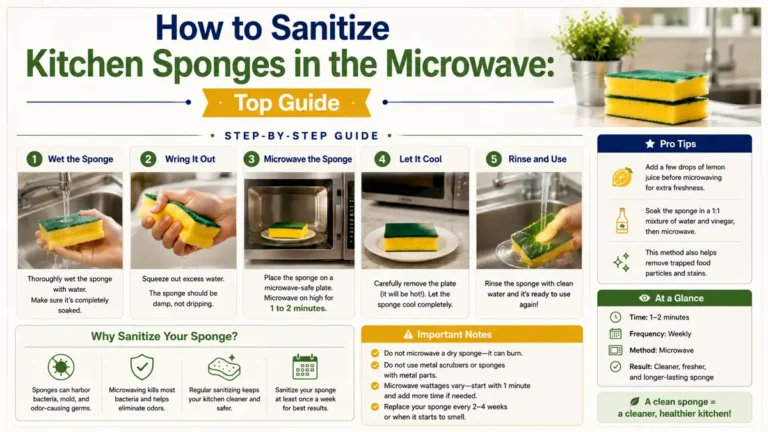 How to sanitize kitchen sponges in the microwave: a wet sponge in a microwave-safe bowl inside a microwave.
