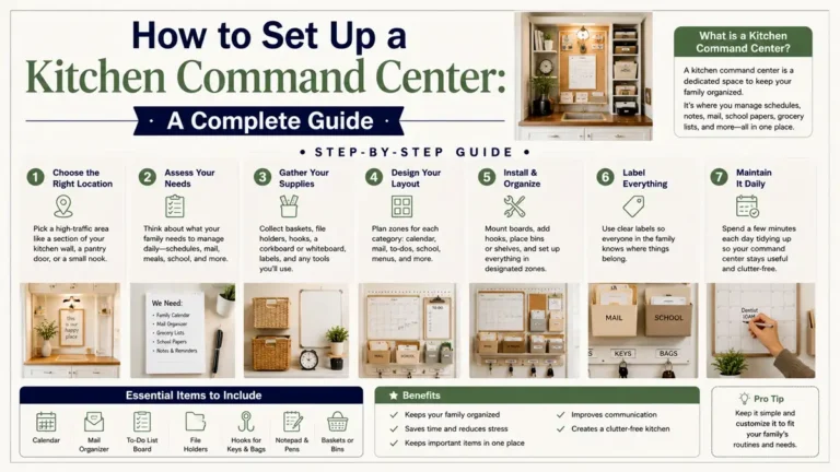 How to set up a kitchen command center: a wall-mounted family command center with a calendar, meal plan, and grocery list in a small kitchen.