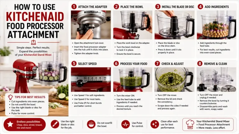 How to use KitchenAid food processor attachment: slicing disc and shredding disc on a clean kitchen counter