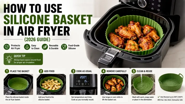 How to use a silicone basket in an air fryer: a food-grade silicone liner placed inside an air fryer basket ready for cooking.