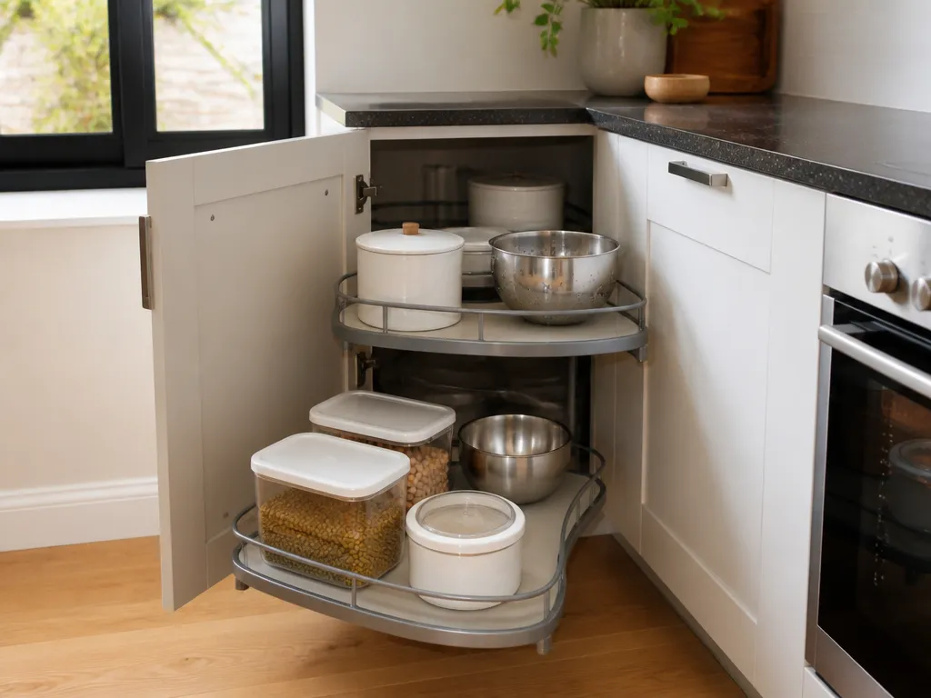 Selecting Storage Containers for L-Shaped Layouts - how to organize corner kitchen cabinets