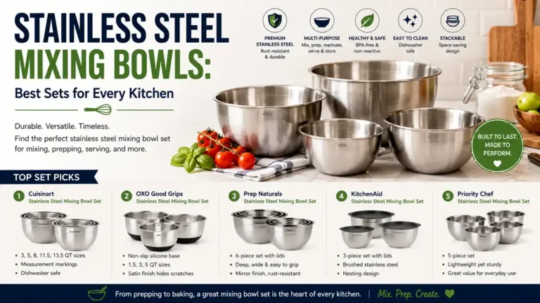 Stainless steel mixing bowls set, shown stacked with a whisk and flour inside the top bowl
