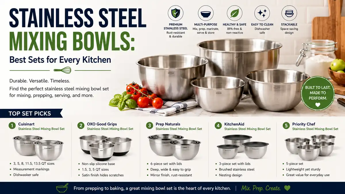 Stainless steel mixing bowls set, shown stacked with a whisk and flour inside the top bowl