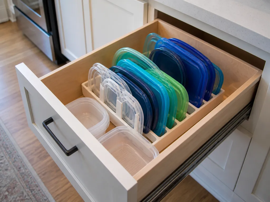 Use a vertical rack when: - how to organize Tupperware lids in deep drawers