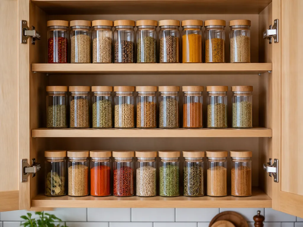 Use the same label format across the cabinet. Choose either: - how to organize spice cabinet by cooking style