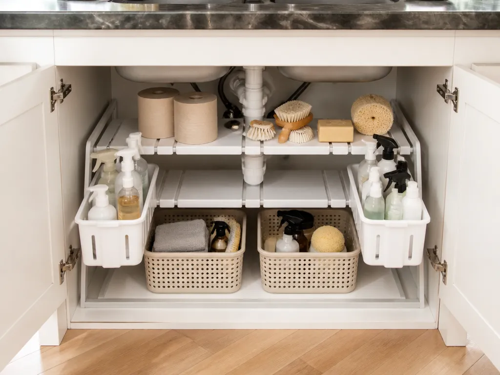 Using Tiered Shelving and Expandable Organizers - how to organize under kitchen sink​