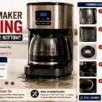 Why is my coffee maker leaking water from the bottom? Coffee maker on a counter with water underneath and a towel nearby.