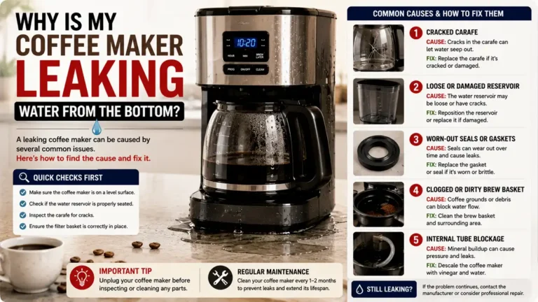 Why is my coffee maker leaking water from the bottom? Coffee maker on a counter with water underneath and a towel nearby.