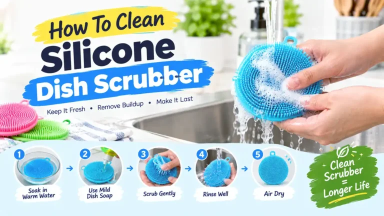 How to clean a silicone dish scrubber using warm water, dish soap, gentle scrubbing, rinsing, and air drying