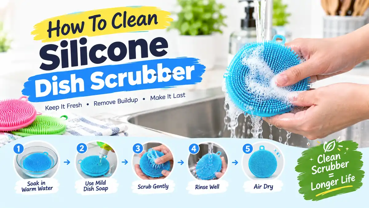 How to clean a silicone dish scrubber using warm water, dish soap, gentle scrubbing, rinsing, and air drying