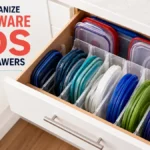How to organize Tupperware lids in deep drawers: lids standing upright in drawer dividers with nested containers beside them.
